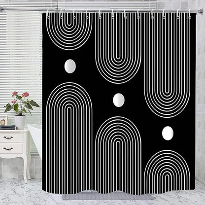 Black and White Shower Curtain, Boho Minimalist Mid Century Modern Arch Geometric Machine Washable Waterproof Fabric for Bathroom Bathtub with Hooks 72x72