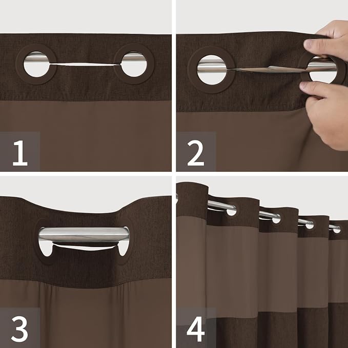 eachope No Hook Linen Texture Shower Curtain with Snap-in Liner,71x80 Brown | 230GSM Thick Fabric,Hotel Luxury Decor,Mesh Top Window,Magnetic Weighted Hem,Waterproof & Machine Washable,for Bathroom