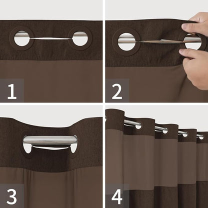 eachope No Hook Linen Texture Shower Curtain with Snap-in Liner,71x74 Brown | 230GSM Thick Fabric,Hotel Luxury Decor,Mesh Top Window,Magnetic Weighted Hem,Waterproof & Machine Washable,for Bathroom