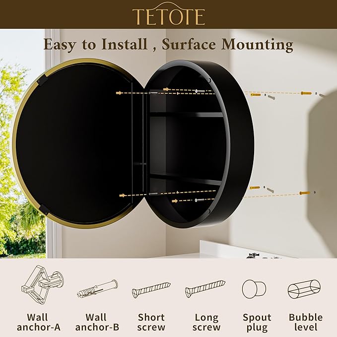 TETOTE Gold Medicine Cabinet with Mirror Round Medicine Cabinets Mirror for Bathroom 28 x 28 Adjustable Shelves Modern Bathroom Organizer with Shelves Wall Mounted