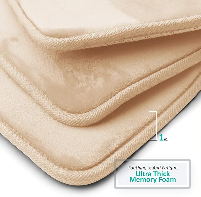 Clara Clark 3 Piece Bathroom Rugs Bath Mat Set, Velvet Memory Foam Bath Mats for Bathroom - Non-Slip, PVC Backing Bath Rugs, Washable - Dries Quickly, Beige