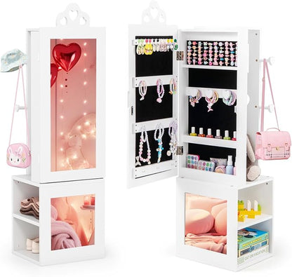 CHARMAID Kids Jewelry Cabinet Armoire, 47" Full Length Mirror, Coat Rack, Back Storage Shelves, Standing Vanity Dressing Mirror for Girls, Kids Jewelry Organizer (White)