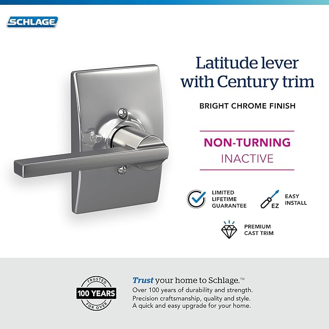 SCHLAGE Latitude Lever with Century Trim Non-Turning Lock, Bright Chrome (F170 LAT 625 CEN)