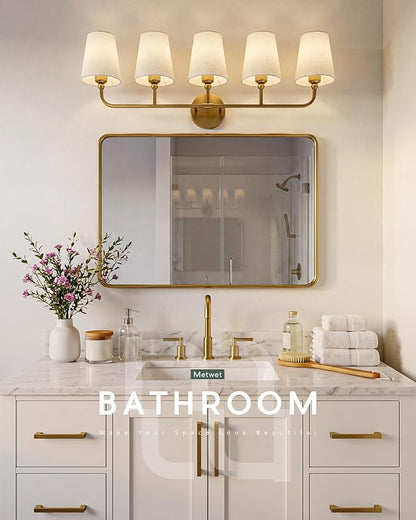 5-Light Brushed Gold Bathroom Vanity Light with Linen Fabric Shade | 35 Inch gold bathroom light fixture over mirror, UL listed, E26 bulbs, hardwired, upward only, VL837-BG-A-5
