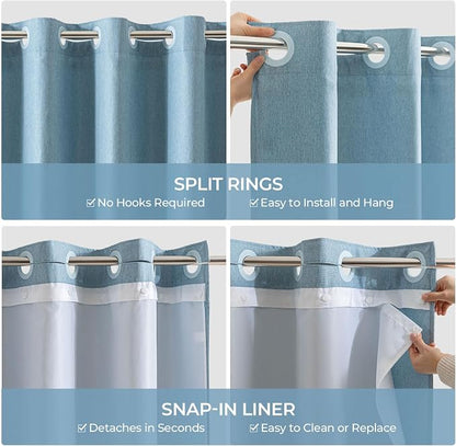 River Dream Linen Textured No Hooks Shower Curtain with Liner,Blue,71x74 | with Snap-in Liner,Heavy Duty Fabric,Quick Dry,Bottom Magnets,Water-Repellent,Washable,Farmhouse Bathroom Set