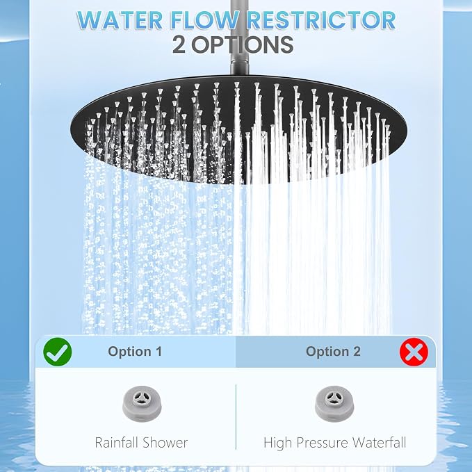 16 inch Matte Black Round Ceiling Rainfall Shower Head, All Metal Stainless Steel 304, Full Body Rainfall Shower with 230 Silicone Nozzles