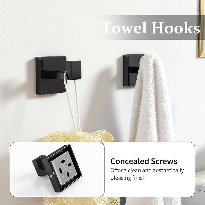 STWWO 5-Piece Matte Black Bathroom Accessories Hardware Set | Stainless Steel Towel Racks for Bathroom, 16 Inch Bath Towel Bar Set Wall Mounted
