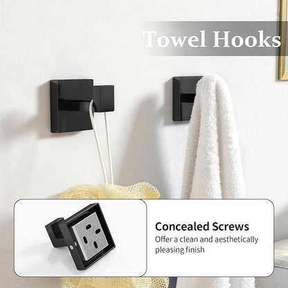 STWWO 5-Piece Matte Black Bathroom Accessories Hardware Set | Stainless Steel Towel Racks for Bathroom, 16 Inch Bath Towel Bar Set Wall Mounted