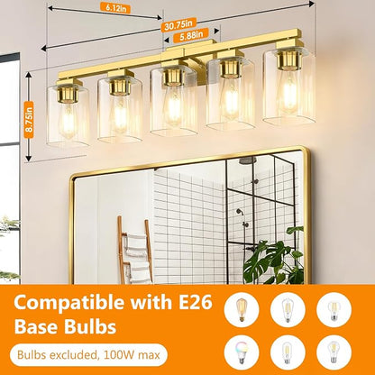 31” Bathroom Light Fixtures Over Mirror, 5-Light Gold Vanity Light | Square Clear Glass & Durable Metal, Quick & Easy Installation, Standard E26 Socket, Bright Bathroom Lighting