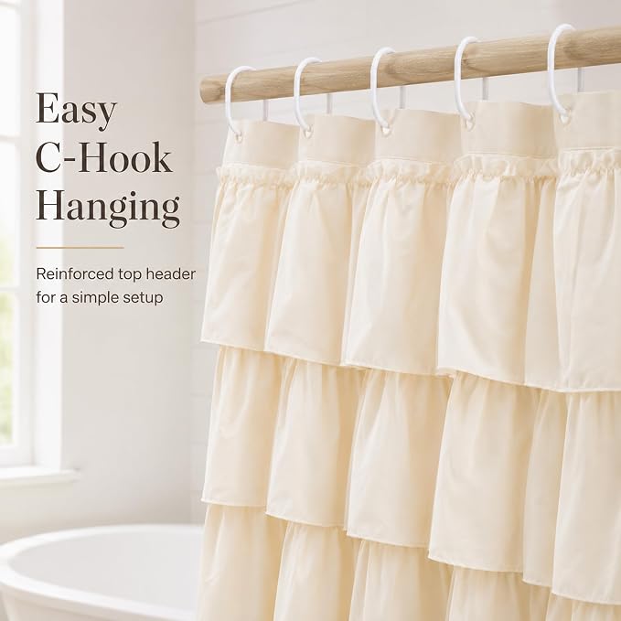 Beige Ruffle Shower Curtain for Bathroom, 72x72, Elegant Ruffled Panle | Soft Cream Color, Cascading Waterfall Ruffles, 72 x 72, 12 Hooks Included, Machine Washable, Soft Microfiber Fabric, Opaque
