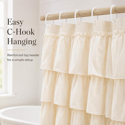 Beige Ruffle Shower Curtain for Bathroom, 72x72, Elegant Ruffled Panle | Soft Cream Color, Cascading Waterfall Ruffles, 72 x 72, 12 Hooks Included, Machine Washable, Soft Microfiber Fabric, Opaque