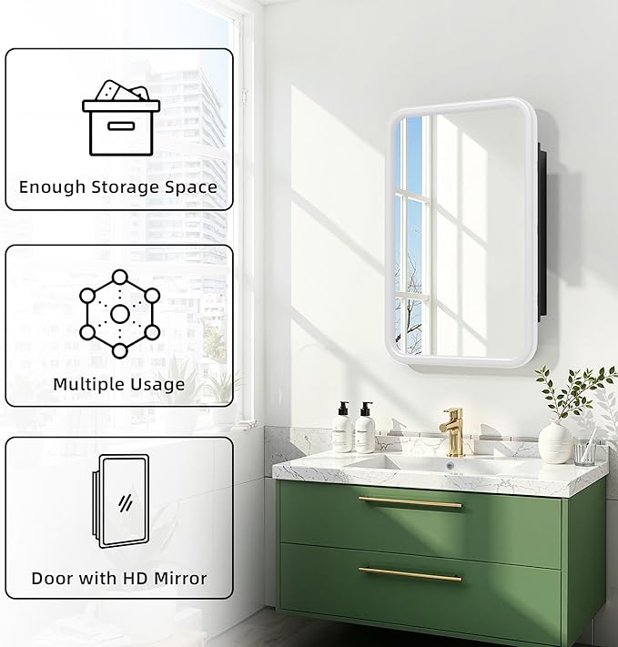 Casaphoria 30" H x 20" W Bathroom Medicine Cabinet with Mirror, Metal Frame Wall Medicine Cabinets Mirrors, Wall Mirror Cabinet, White