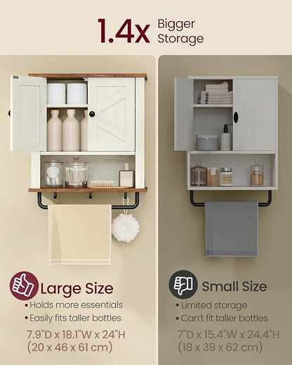 VASAGLE LIRY Collection - Bathroom Wall Cabinet, Farmhouse Wall-Mounted Medicine Storage Cabinet with 2 Barn Doors, Adjustable Shelf, Towel Bar, 7.9 x 18.1 x 24 Inches, Rustic White UBBK132W01S