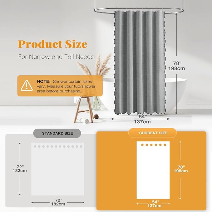 BTTN 54 inch Shower Curtain, Narrow Boho Scalloped Linen Textured Heavy Duty Fabric Shower Curtain Set with 10 Hooks, Small Neutral Modern Waterproof Shower Curtains for Bathroom, 54x78, Grey/Gray