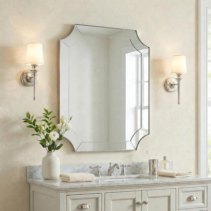 Brushed Nickel Bathroom Mirror, 24"x32" Scalloped Wall Mirror, Vintage Notched Corner Mirror, Anti-Rust Metal Framed Mirror for Bathroom, Thin Frame Deep 1", Hangs Vertical or Horizontal