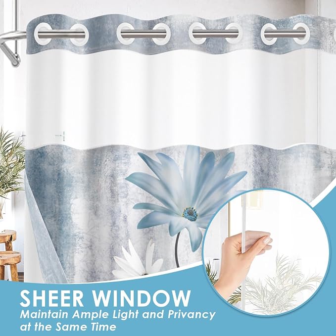 No Hook Shower Curtain with Snap in Liner 71x74 Inch Daisy Blue | Farmhouse Butterfly Wooden Modern Double Layers Waterproof Fabric with See Through Top Window Open Grommet Bath Curtain