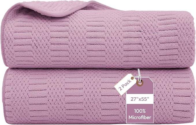 JML Microfiber Bath Towels, 2 Pack, 27x55 in, Purple | Soft, Super Absorbent, Quick Dry, Lint-Free, Lightweight Bathroom Towel with Hanging Loop for Daily Use