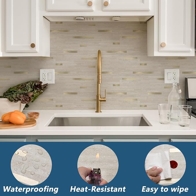 Yipscazo 10 Sheets PVC Wall Tiles Stick on Tiles for Backsplash Kitchen, Bathroom, Laundry Room, Camper, Fireplace (6'' X 12'', Beige Cave Stone)