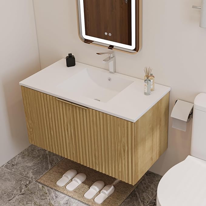 Modern Bathroom Vanity with Wavy Textured Doors - Wall Mounted Floating Cabinet, Soft-Close Waterproof Storage for Small Bathroom, Easy Install (Nature Without Sink, 36)