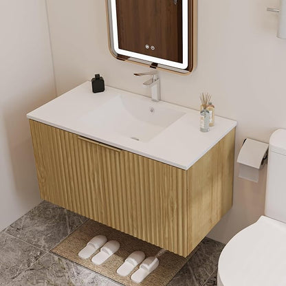 Modern Bathroom Vanity with Wavy Textured Doors - Wall Mounted Floating Cabinet, Soft-Close Waterproof Storage for Small Bathroom, Easy Install (Nature with Sink, 36)