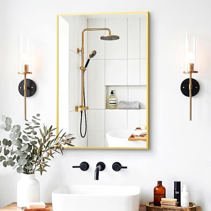 Bathroom Mirror for Wall, 2 Pack 20"x30" Gold Vanity Mirror | Sturdy Rectangular Metal Frame, HD Tempered Glass, Hangs Horizontally or Vertically in Bedroom, Living Room, Entryway