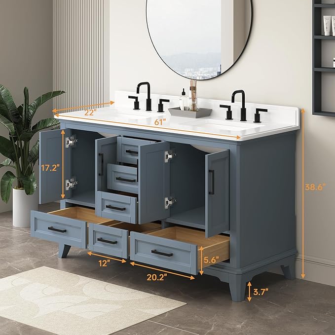 60 Inch Bathroom Vanity with Double Sink, Solid Wooden Frame Bathroom Sink Cabinet Vanity with Adjustable Feet, Bathroom Storage Cabinet with Soft Closing Doors-Steel Blue