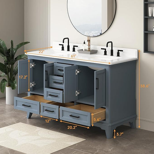 60 Inch Bathroom Vanity with Double Sink, Solid Wooden Frame Bathroom Sink Cabinet Vanity with Adjustable Feet, Bathroom Storage Cabinet with Soft Closing Doors-Steel Blue