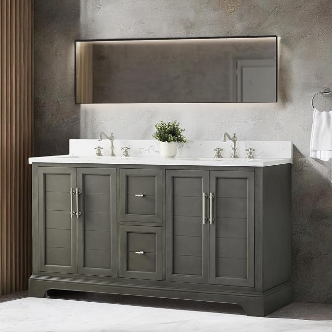 Vanity Art 60 Inch Bathroom Vanity with Double Sink, Silver Grey | Solid Wood, Ceramic Sink, Marble Top, Waterproof Backsplash, Pre-assembled, Soft-close Doors, Ample Storage, Freestanding