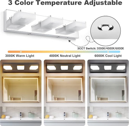 GOODATE 3 Colors Dimmable Bathroom Light Fixtures Over Mirror, LED Chrome Vanity Lights, Acrylic Stainless Steel 3 Light Bathroom Vanity Light, Adjustable 3000K/4000K/6000K, 360° Rotate