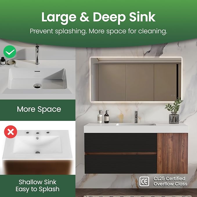 48 Inch Bathroom Vanity with Sink, Floating Bathroom Cabinet with 2 Soft-Closing Drawers & 1 Door, Large Storage for Apartment, Hotel, Walnut+Black, White Sink(Already Assembled)