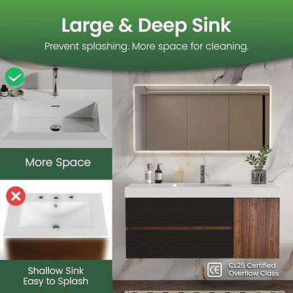 48 Inch Bathroom Vanity with Sink, Floating Bathroom Cabinet with 2 Soft-Closing Drawers & 1 Door, Large Storage for Apartment, Hotel, Walnut+Black, White Sink(Already Assembled)