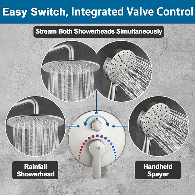 Shower Faucet Set Brushed Nickel 10 Inch Round Shower Head and Handle Set, Bathroom Rainfall Shower System, Wall Mounted Shower Fixtures, Include Shower Valve and Trim Kit