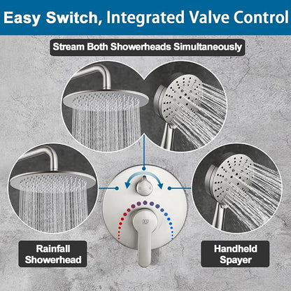 Shower Faucet Set Brushed Nickel 10 Inch Round Shower Head and Handle Set, Bathroom Rainfall Shower System, Wall Mounted Shower Fixtures, Include Shower Valve and Trim Kit
