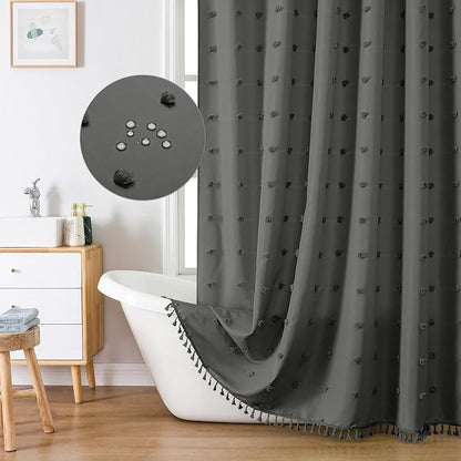 LilyCat Grey Farmhouse Tufted Floral Shower Curtain with Tassel, 72" x 72" | Waterproof Boho Fabric Shower Curtain Set with Hooks, Cute Rustic Vintage Bathroom Décor, Minimalist Cloth Bathroom Curtain