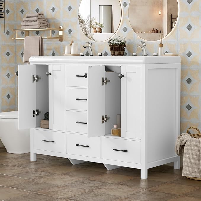 46.7 inch Bathroom Sink Vanity Combo, Large Freestanding Double Bath Vanity Sink Set with 2 Cabinets & 5 Drawers, Dual Basin Modern Bathroom Storage Cabinet, Modern White