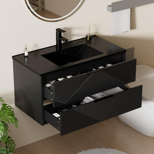 LUCKWIND 36" Floating Bathroom Vanity with Black Sink, Wall Mounted Floating Cabinet with 2 Large Soft-Close Drawers & Water Saving Faucet, Geometric Textured Design in Black