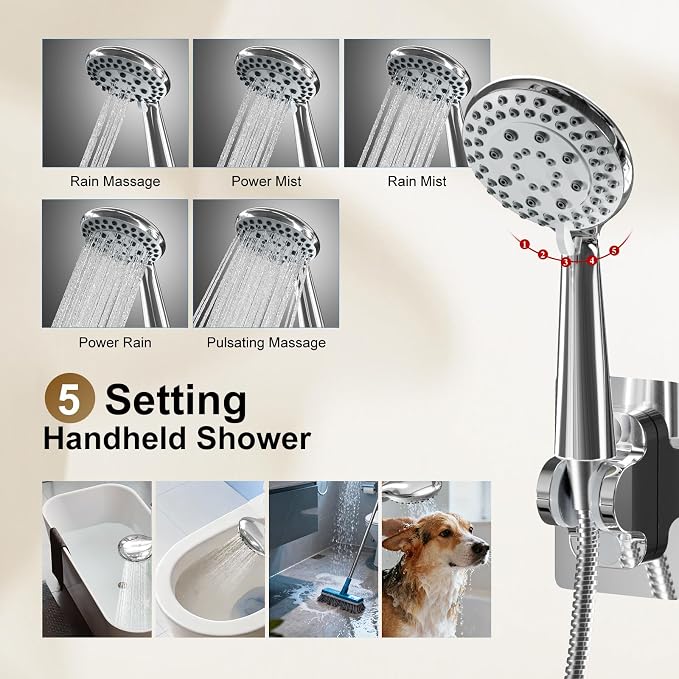 Shower Head with Handheld Spray, 8" High Pressure Rain Shower Head Combo with Adjustable Extension Arm, 5 Spray Modes Dual Showerhead Set, Detachable Handheld Shower, 304 Stainless Steel, Chrome