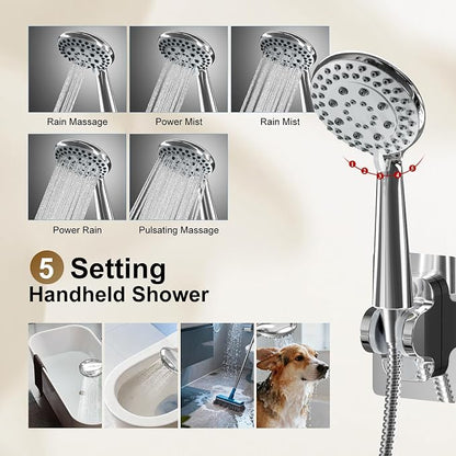 Shower Head with Handheld Spray, 8" High Pressure Rain Shower Head Combo with Adjustable Extension Arm, 5 Spray Modes Dual Showerhead Set, Detachable Handheld Shower, 304 Stainless Steel, Chrome