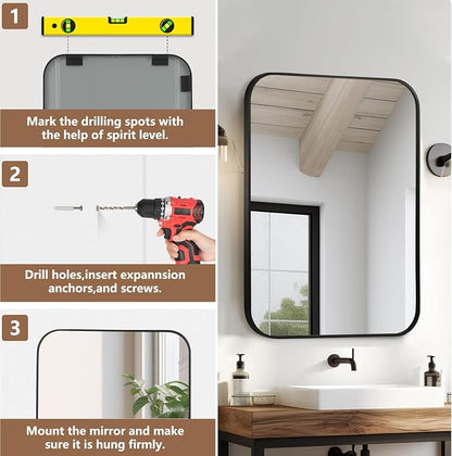 Matte Black Mirror, 24"x36" Rectangle Bathroom Mirror, Metal Frame Rectangle Corner Vanity Mirror, Wall Mounted Mirror for Modern, Living Room, Bedroom, Horizontal Or Vertical