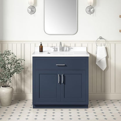 OVE Decors Bailey 36 in. Single Sink Freestanding Midnight Blue Bathroom Vanity with White Quartz Top and Matching Backsplash