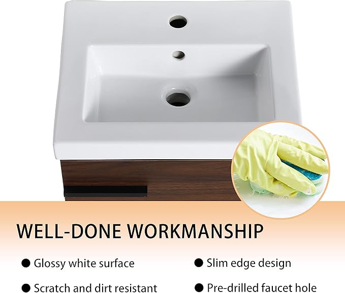 18" Bathroom Vanity with Sink, 18 Inch Floating Bathroom Vanity for Small Space, Modern Bathroom Vanity, Brown Wall Mounted Cabinet Set