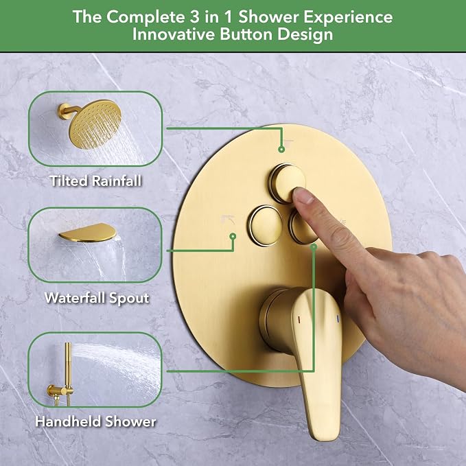 VANFOXLE Shower Faucet Set Brushed Gold Shower System, Push Button Diverter | 8 Inch Wall Mount Head, 2-in-1 Handheld Sprayer, 9 Inch Bathtub Waterfall Spout, Solid Brass Valve, Rust Resistant