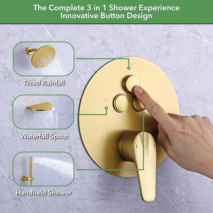 VANFOXLE Shower Faucet Set Brushed Gold Shower System, Push Button Diverter | 8 Inch Wall Mount Head, 2-in-1 Handheld Sprayer, 9 Inch Bathtub Waterfall Spout, Solid Brass Valve, Rust Resistant