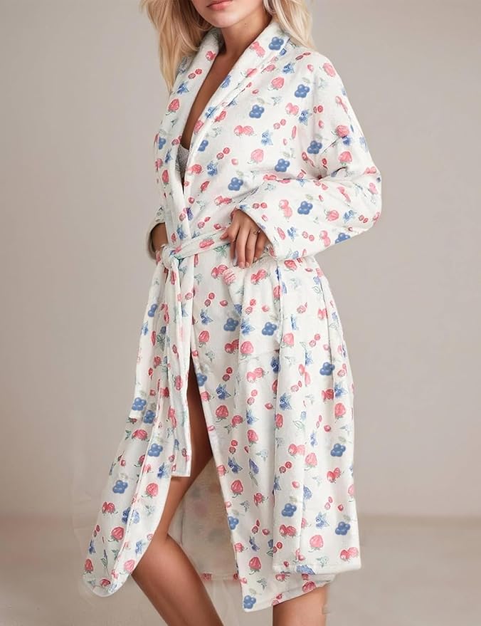 Women Fleece Fruit Print Robe Cute Robes for Women Spring Summer Lightweight Bathrobe Soft Flannel Gown with Belt