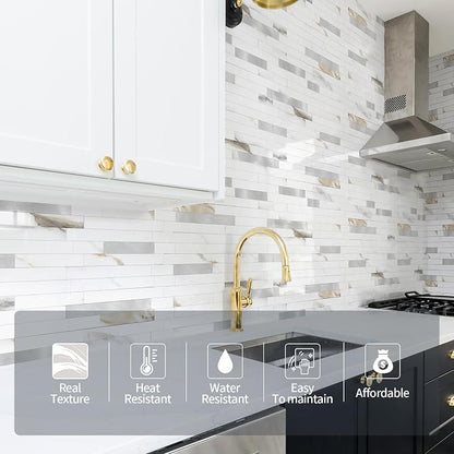 Yipscazo 10 Sheets Peel and Stick Stone Metal Tile Backsplash, Stick on Tiles for Backsplash Kitchen, Bathroom, Laundry Room, Camper, Fireplace (12'' X 12'', Polished Marble)