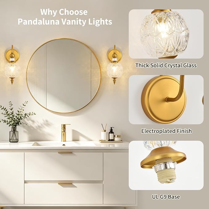 Vintage 1-Light Bathroom Vanity Light Wall Sconces, Matte Brass | Boho Style, Farmhouse Bathroom Decor, Ribbed Glass Shades, G9 base, Wall Mounted, Mid Century Wall Sconces Vanity Lighting