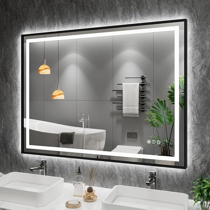 48"X38" LED Bathroom Mirror with Black Frame, Front Lit and Backlit | Metal Framed Mirror, Stepless Dimmable, HD Reflection, Anti-Fog, Shatter-Proof, Memory, 3 Colors Lighting, UL Listed.