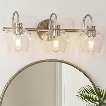 Brushed Nickel Vanity Light, 3 Light Bathroom Light Fixtures with Clear Diamond-Shape Hammered Glass, Silver Vintage Ripple Wall Lights for Hallway, Bedroom, Anti-Rust, E26 Base (No Bulbs)