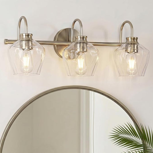 Brushed Nickel Vanity Light, 3 Light Bathroom Light Fixtures with Clear Diamond-Shape Hammered Glass, Silver Vintage Ripple Wall Lights for Hallway, Bedroom, Anti-Rust, E26 Base (No Bulbs)