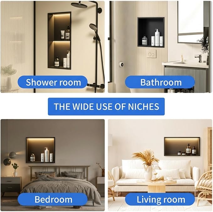 304 Stainless Steel LED Recessed Black Shower Niche 12"x12" Wall-Inserted | Waterproof Rustproof Bathroom Shower Niche Insert No Tile Needed, for Shower & Bathroom Storage